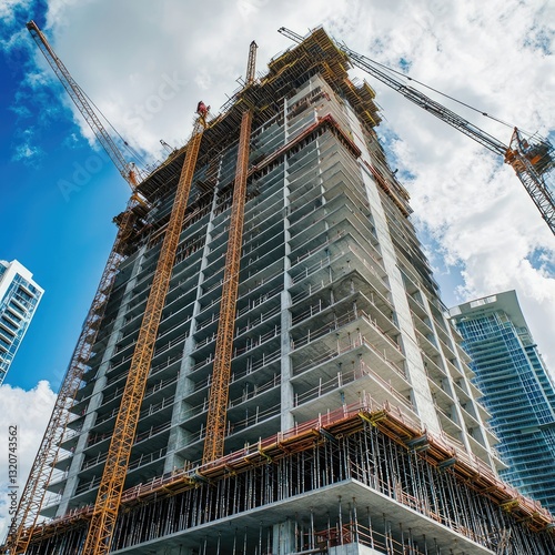Modern skyscrapers under construction near the coastline, with cranes towering over the city. Large urban development project. Generative AI.