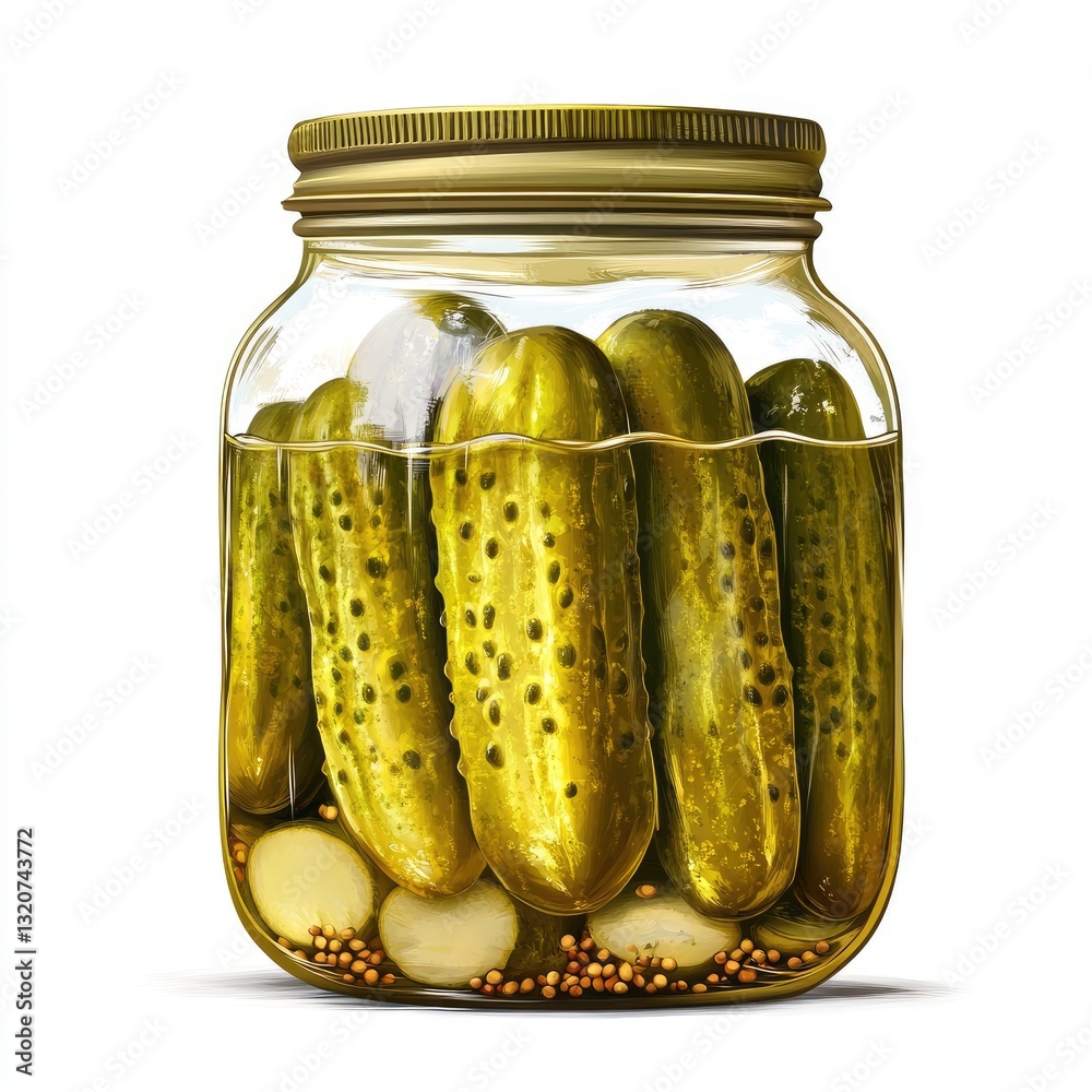 Glass Jar Filled with Pickled Cucumbers, White Background, Food Illustration Glass Jar Filled with Pickled Cucumbers, White Background, Food Illustration