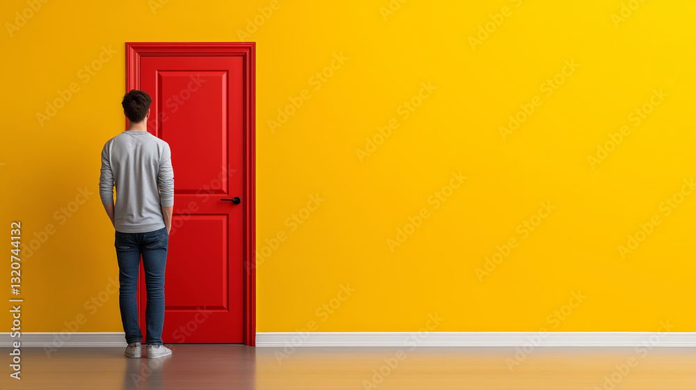 Man standing in front of a vibrant red door in a minimalist yellow room, creating a striking contrast Man standing in front of a vibrant red door in a minimalist yellow room, creating a striking contrast