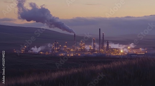 Industrial landscape featuring factory at dusk with smokestacks releasing smoke against a twilight sky and shimmering lights illuminating the scene