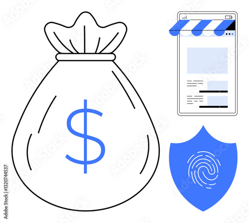Money bag with dollar sign, blue fingerprint shield symbolizing security, and storefront-themed mobile interface. Ideal for finance, e-commerce, cybersecurity, banking, online payment, insurance
