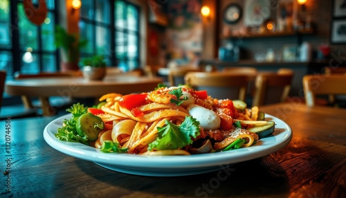 Closeup of a Delicious Pasta Dish with Tomato Sauce and Vegetables in a Restaurant Setting