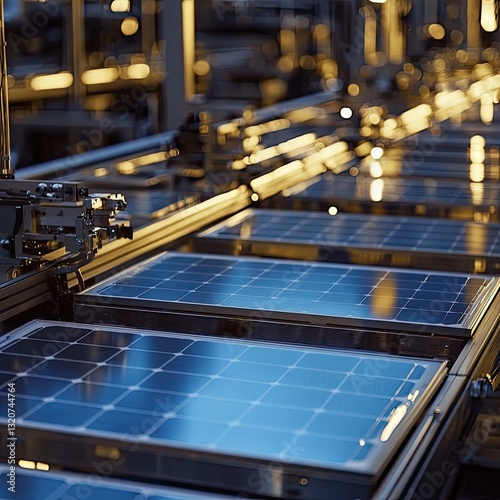 Automated solar panel manufacturing plant with conveyor belts assembling photovoltaic cells. Renewable energy production industry. Generative AI.
