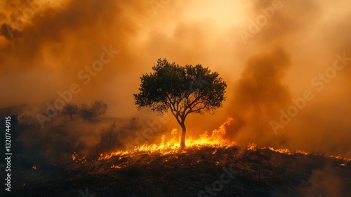 A single tree on fire in the middle of a dried-out field, flames spreading quickly 