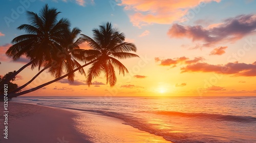 Tropical Sunset Beach Palm Trees -  Warm color palettes
