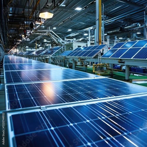 Automated solar panel manufacturing plant with conveyor belts assembling photovoltaic cells. Renewable energy production industry. Generative AI.