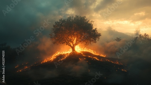 A single tree on fire in the middle of a dried-out field, flames spreading quickly 