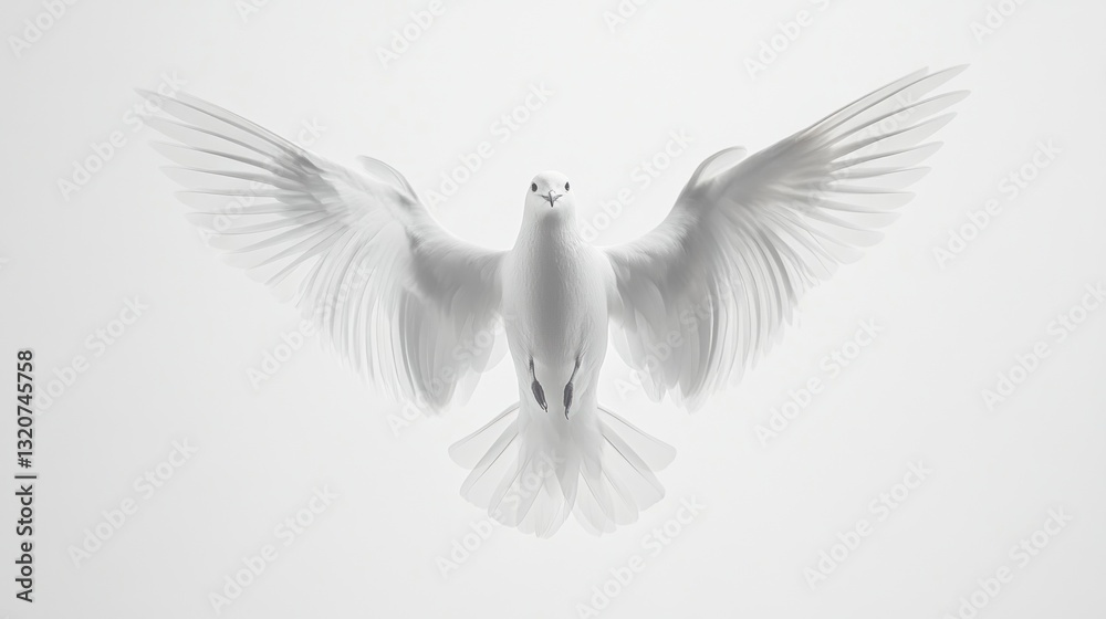 Obraz premium A majestic white dove in flight, wings fully spread against a soft, light background