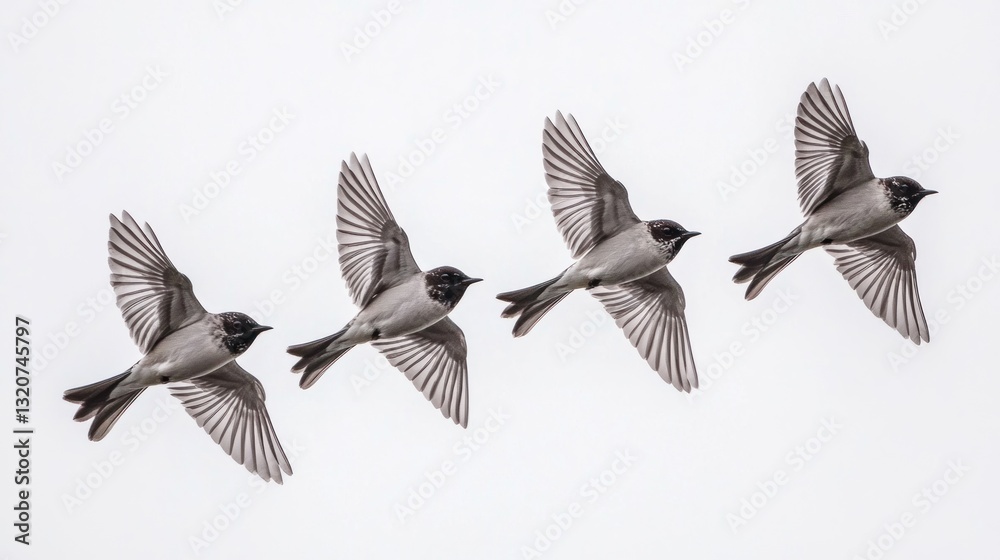 Obraz premium Four birds in flight, wings spread, against a white background