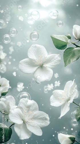Beautiful white flowers with delicate petals and ethereal bubbles floating