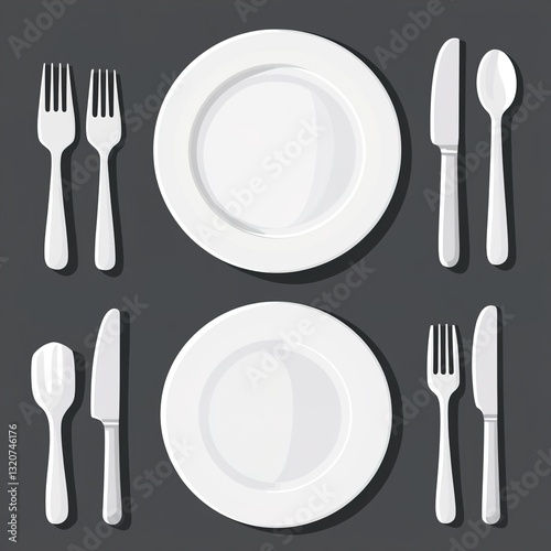 Fork, Knife, Spoon, and Plate Set Icons in Flat Style, Representing a Complete Tableware Collection for Dinner Service in Apps and Websites