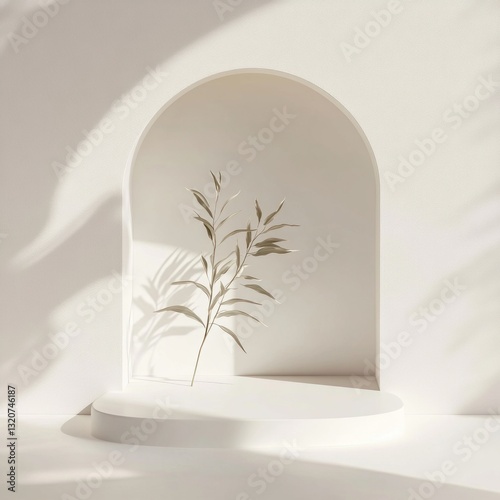 Minimalist arch niche with a single stem casting shadow onto an ivory pedestal surface serene studio scene neutral background