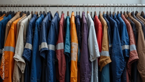 A rack full of colorful work uniforms or overalls. Industrial, practical, and visually striking.