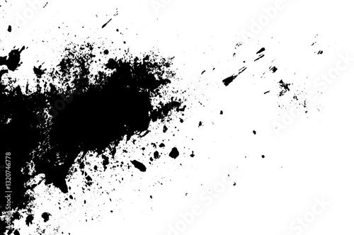 Black Ink Splatter and Abstract Grunge Texture on White Background