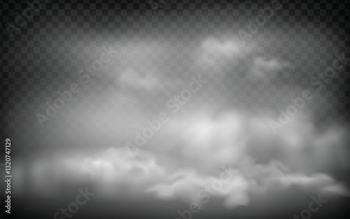 Smoke or fog vector, realistic cloud effect.  Misty, atmospheric design.  Transparent background overlay.  Ethereal, soft texture.  Perfect for special effects, weather graphics, and atmospheric visua