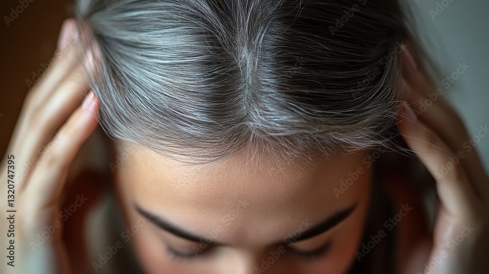 Soft light captures a young woman with gray hair gently massaging her temples, suggesting a moment of contemplation in a serene indoor setting Soft light captures a young woman with gray hair gently massaging her temples, suggesting a moment of contemplation in a serene indoor setting