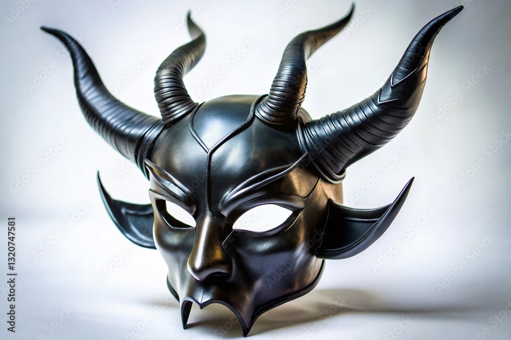 Naklejka premium Black Leather Horned Mask on White Background - Candid Stock Photo