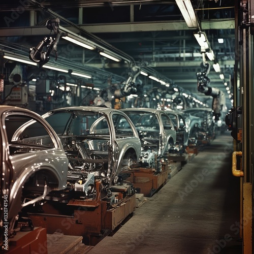 Wallpaper Mural Automotive assembly line with robotic arms constructing car bodies. Advanced vehicle production in an industrial factory. Generative AI. Torontodigital.ca