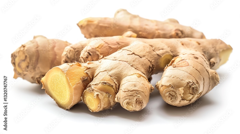 Fresh Ginger Root (Rhizome) Isolated on a Clean White Background, Capturing Its Rough Exterior and Fresh, Aromatic Inner Texture Perfect for Culinary Use Fresh Ginger Root (Rhizome) Isolated on a Clean White Background, Capturing Its Rough Exterior and Fresh, Aromatic Inner Texture Perfect for Culinary Use