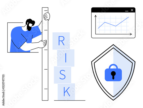 Man measuring risk levels, graph indicating data trends, and shield with a padlock icon. Ideal for risk management, data security, business analysis, financial planning, cybersecurity, strategic