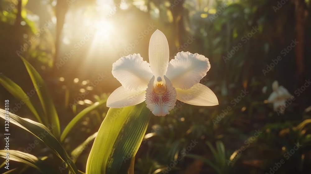 Fototapeta premium Sunlit white orchid blossom in lush tropical garden
