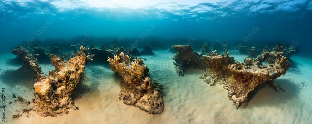 Fototapeta premium A wide underwater view of coral formations on the seabed