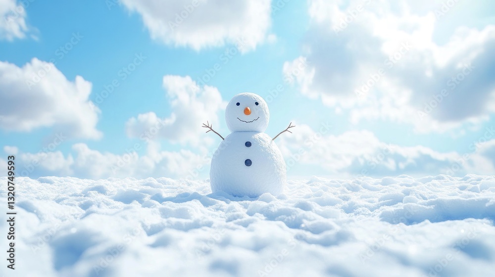 Cheerful snowman in a snowy landscape under a bright sky Cheerful snowman in a snowy landscape under a bright sky