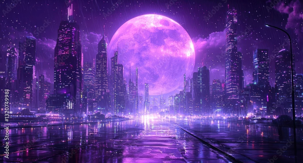 Obraz premium Dark sky concept. A futuristic cityscape under a large purple moon, illuminated by vibrant neon lights.