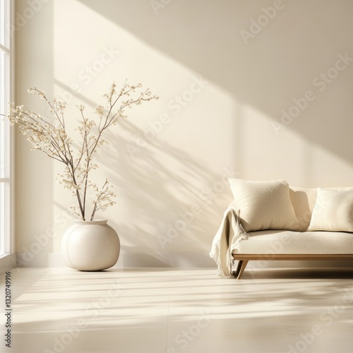 Minimalist interior design with sofa and vase under the sunlit window on cream wall background