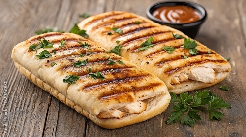 Delectable grilled panini with chicken on rustic wooden table savory indulgence food photography artisan presentation