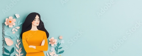 woman in yellow dress stands confidently among colorful paper flowers and leaves, creating serene and artistic atmosphere