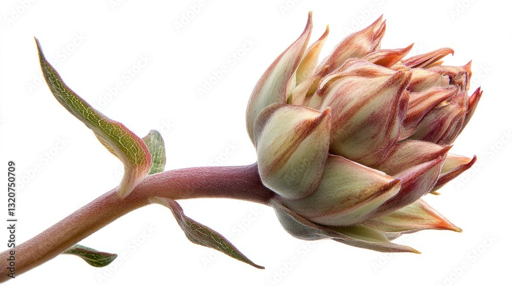 Obraz premium A young, unopened artichoke with reddish-purple and green stripes, shown on a stem against a white background