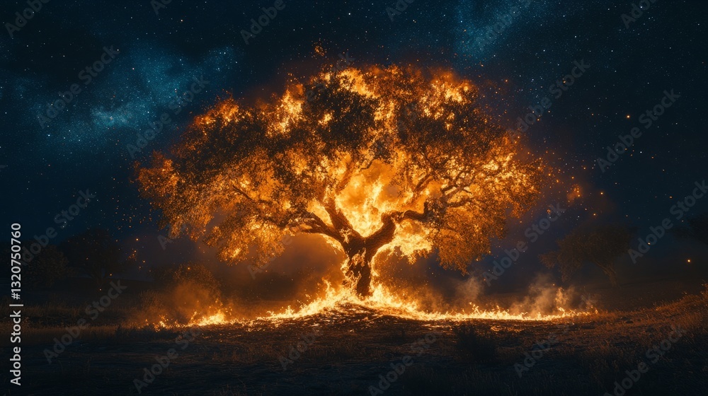 A tree burning brightly under a clear starry night, embers glowing in the dark A tree burning brightly under a clear starry night, embers glowing in the dark
