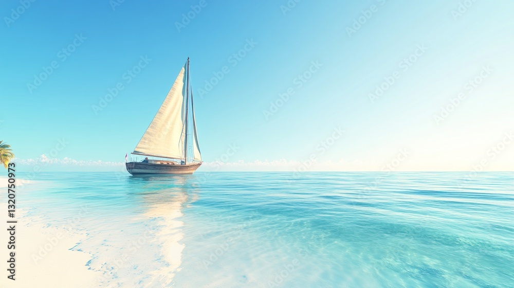 Fototapeta premium Sailboat on tranquil turquoise ocean near pristine beach with palm tree