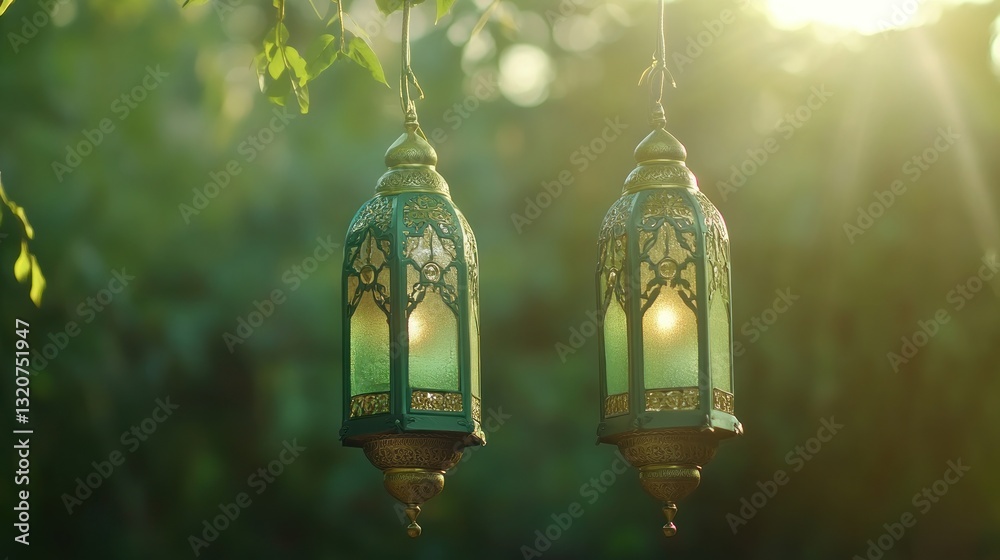 Two ornate teal lanterns hang amidst lush greenery, illuminated by warm sunlight Two ornate teal lanterns hang amidst lush greenery, illuminated by warm sunlight