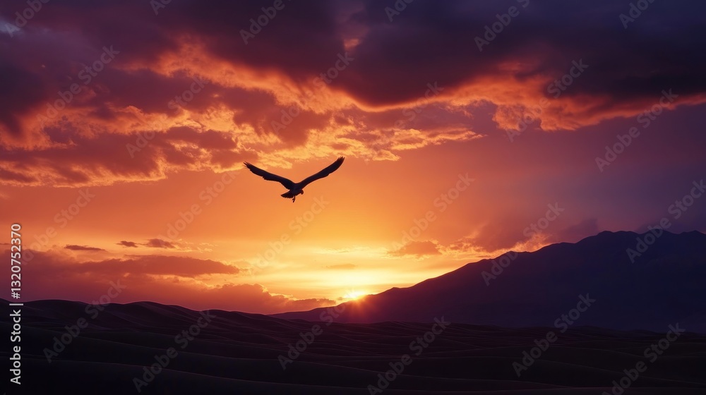 Naklejka premium Sunset silhouette of a bird soaring above sand dunes and mountains