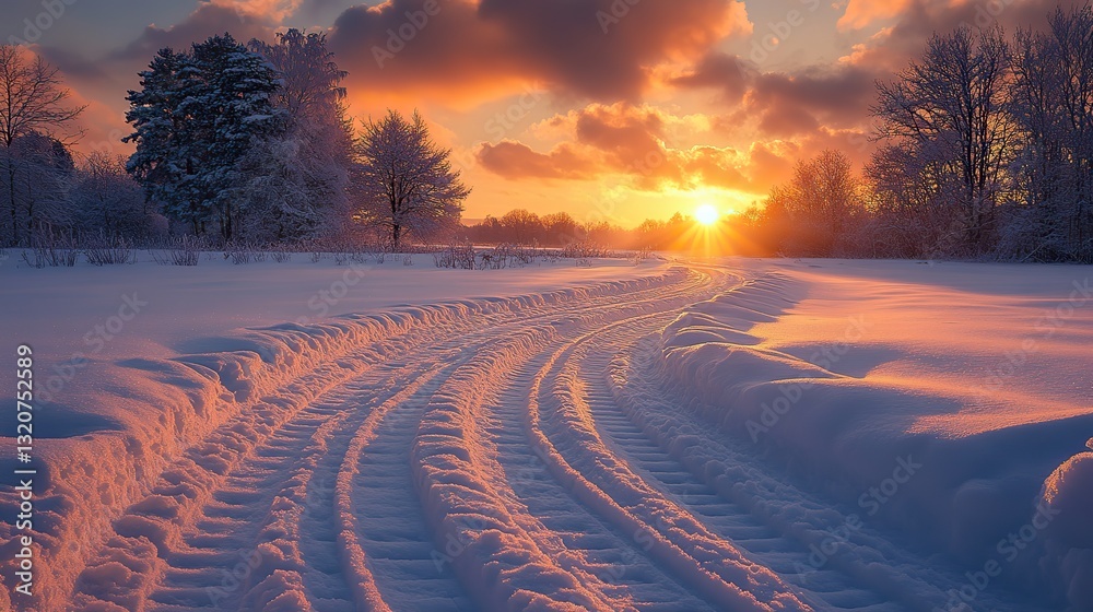 Winter landscape at sunset, car tire tracks on snowy road close up emphasizing safe winter travel. Winter landscape at sunset, car tire tracks on snowy road close up emphasizing safe winter travel.