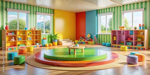 Wallpaper Mural Blank Podium in Colorful Kindergarten Classroom with Playful Toys - Panoramic Stock Photo Torontodigital.ca