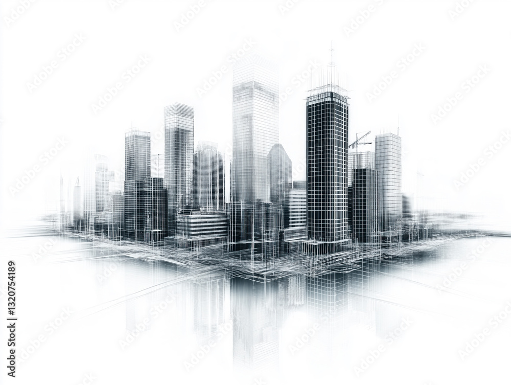 Fototapeta premium Modern city buildings under construction reflecting on white background