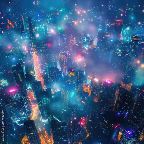 A futuristic cityscape at sunset with glowing lights and misty atmosphere. Urban skyline, modern metropolis, vibrant nightlife, illuminated skyscrapers, technological advancement. Generative AI.