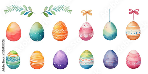 Watercolor collection of easter eggs for decoration isolated on white background.