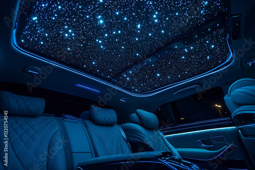 Luxury car interior night blue starlight headliner elegant design led roof dark seats fiber cabin