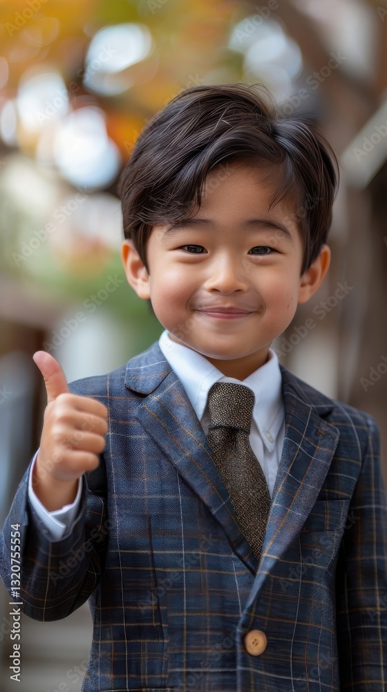 Young boy in formal attire smiles and gives a thumbs up in a park during autumn, showcasing joy and confidence Young boy in formal attire smiles and gives a thumbs up in a park during autumn, showcasing joy and confidence