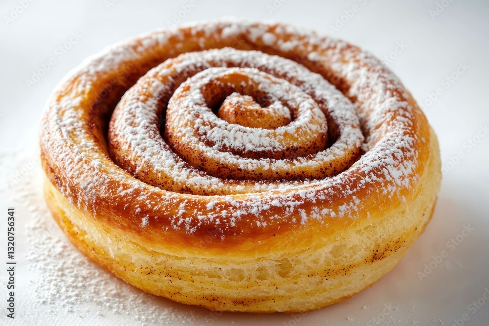 Fototapeta premium Delightful cinnamon swirl bun pastry artfully adorned with icing sugar inviting warm indulgence