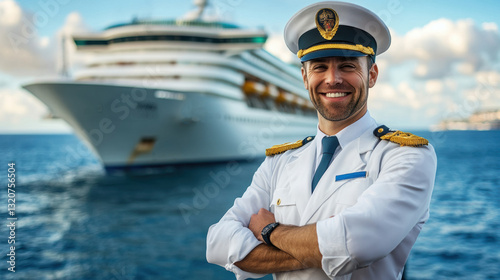 Cruise ship captain smiles confidently near luxury vessel