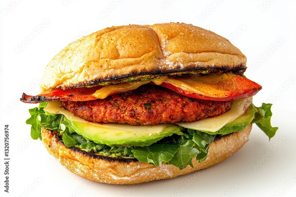 Mouthwatering gourmet burger with fresh vegetables and melted cheese on a white background Mouthwatering gourmet burger with fresh vegetables and melted cheese on a white background