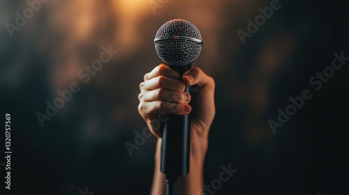 A person holds a microphone in their hand, ready to speak or perform