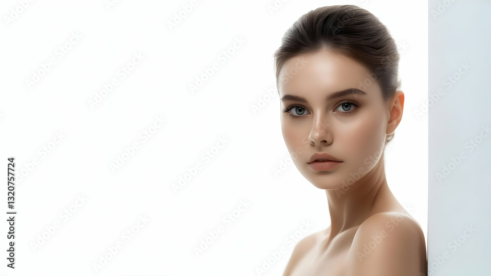Elegant Serenity in Light: A Young Woman Poses Under Softbox at 45 Degrees, Framed on the Right Third with Blur for Wellness Ad Sophistication Elegant Serenity in Light: A Young Woman Poses Under Softbox at 45 Degrees, Framed on the Right Third with Blur for Wellness Ad Sophistication