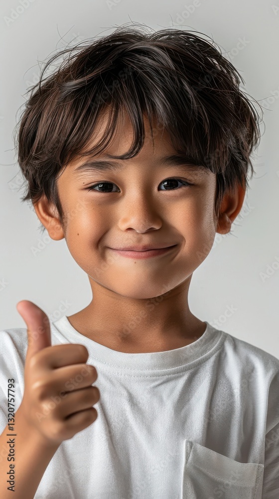 Young child with a joyful expression giving a thumbs up in a light-colored setting Young child with a joyful expression giving a thumbs up in a light-colored setting