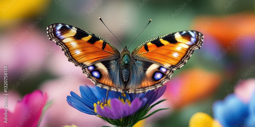 Fototapeta premium Colorful butterfly resting on a vibrant flower in a lush garden during spring season
